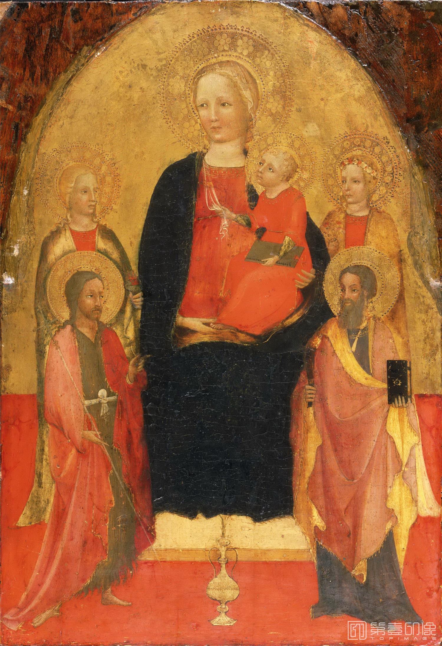 油画-美国费城美术馆藏画-Master of the Bracciolini Chapel, Italianactive c. 1414-c. 1426Virgin and Child, with Saints Lucy, John the Baptist, Rose, and Bartholomew-443